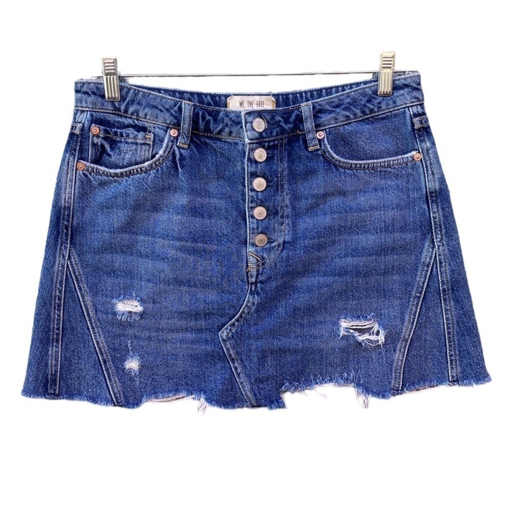 Free People We The Free Breezy Denim Distressed Button Fly Jean Skirt Sz 31